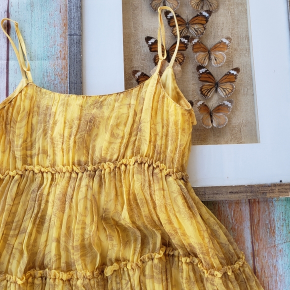 Max Studio Mustard Silk Floral Ruffle Tiered Dress - Picture 6 of 7